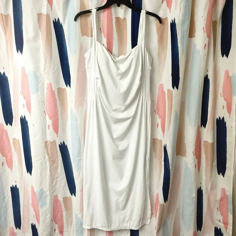 Halara Square Neck Ruched Split Midi Cool Touch Dress in White Size Large - Picture 7 of 16